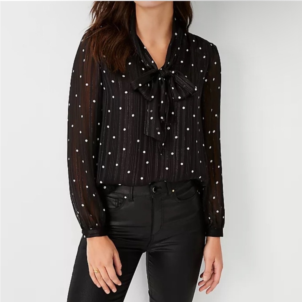 Ann Taylor Black Polka Dot Tie-Neck Blouse
